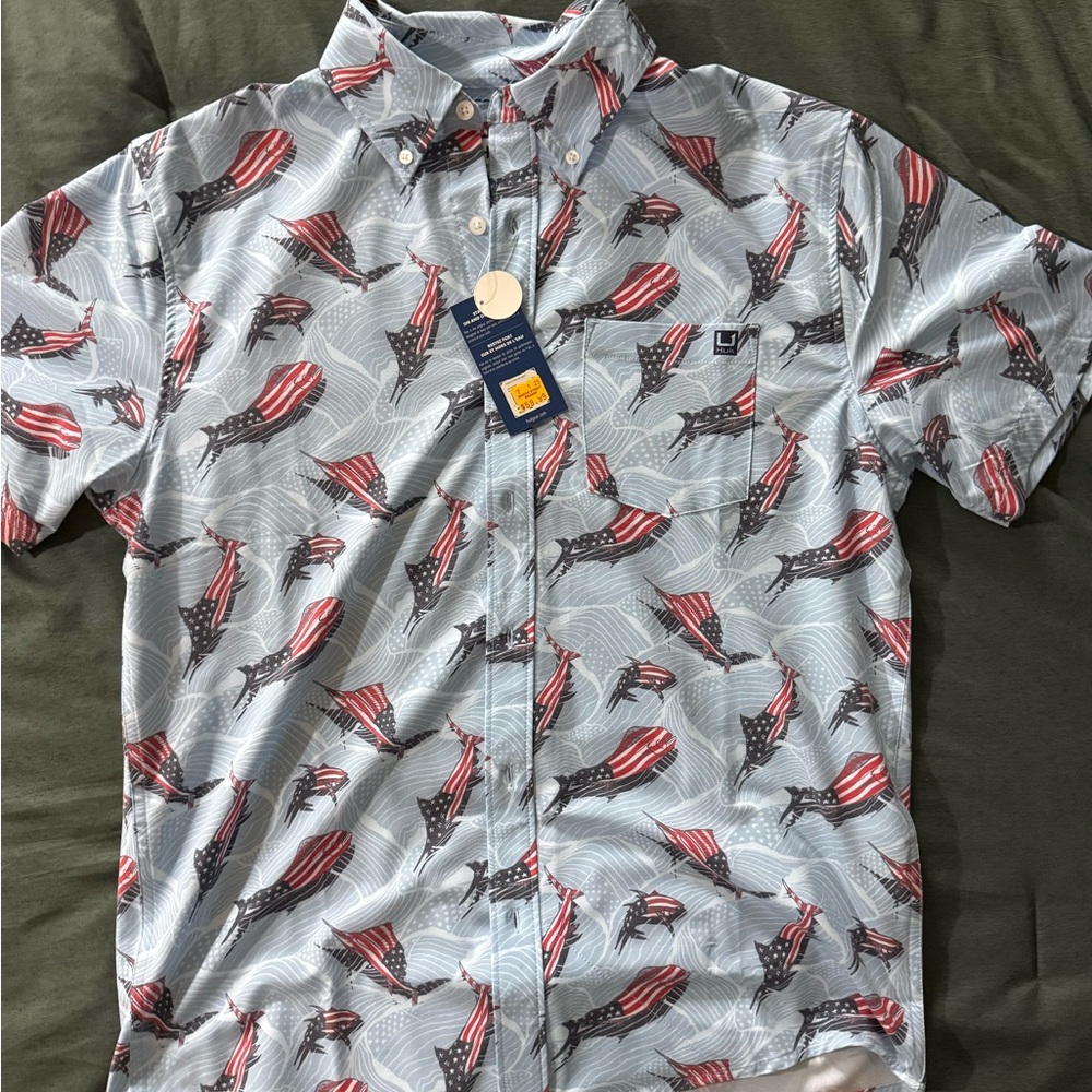 Huk Men's Red and Blue Flag Print Shirt